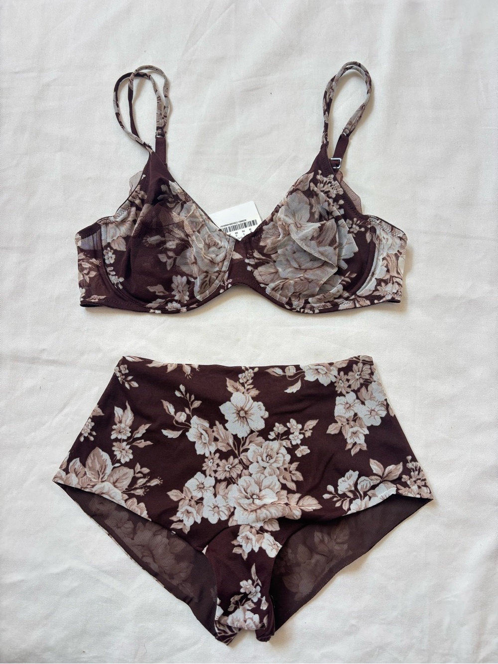 Vintage La Perla Brown Floral Underwire Bra & High-Waist Brief Lingerie Set